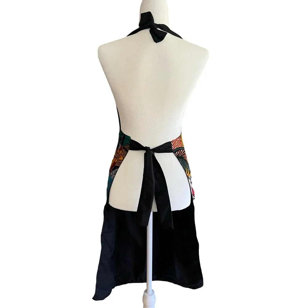 Handmade African Wax Print Patchwork Bib Apron Multicolor Kitchen Cooking Pocket